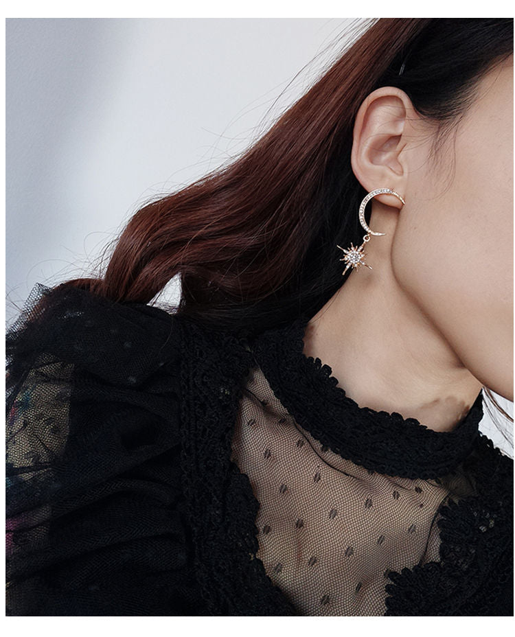 Drop and Rhinestone Star Moon Earring