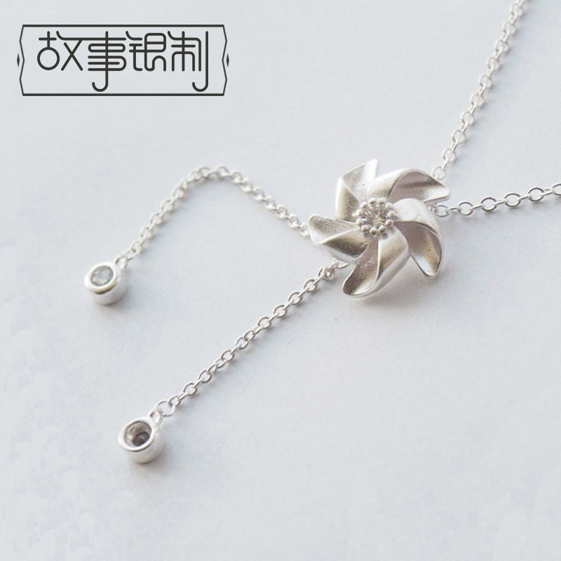 925 Necklace Pendant Silver Sterling Rhinestone Windmill