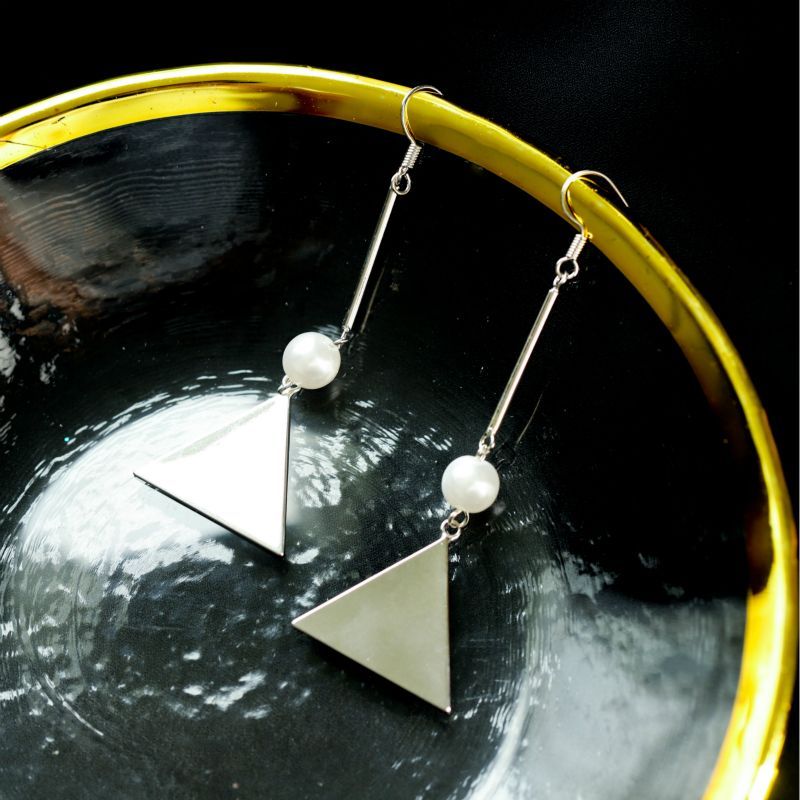 Pearl Sterling Triangle Faux Silver Earring Dangle