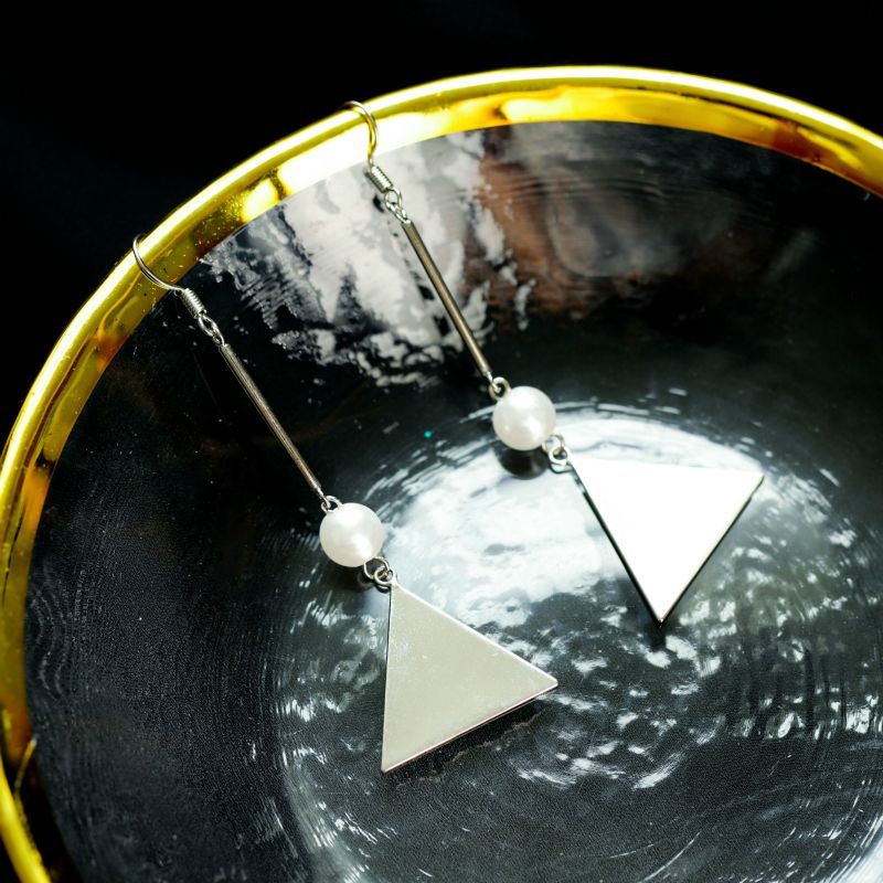 Pearl Sterling Triangle Faux Silver Earring Dangle