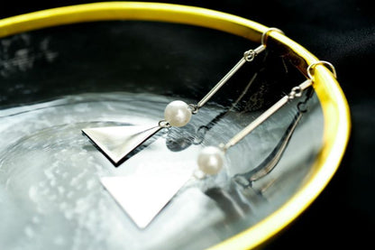 Pearl Sterling Triangle Faux Silver Earring Dangle