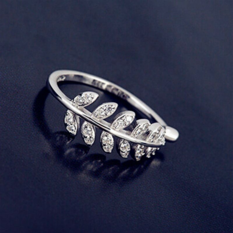 Ring Sterling Open Silver Rhinestone Leaf