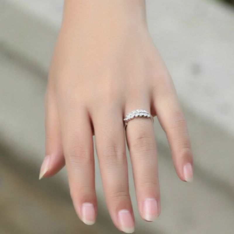 Ring Sterling Open Silver Rhinestone Leaf