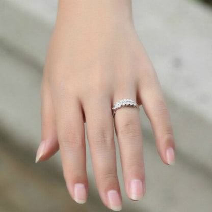 Ring Sterling Open Silver Rhinestone Leaf