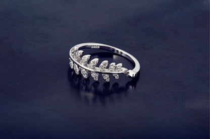 Ring Sterling Open Silver Rhinestone Leaf