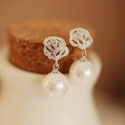 Rose Earring Rhinestone Pearl Faux Dangle