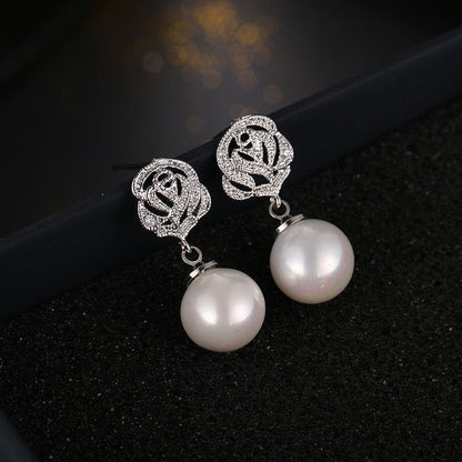 Rose Earring Rhinestone Pearl Faux Dangle