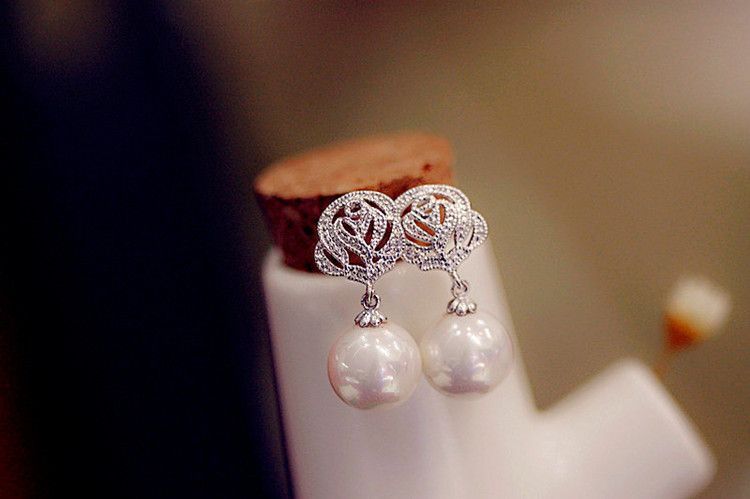 Rose Earring Rhinestone Pearl Faux Dangle
