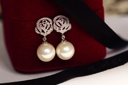 Rose Earring Rhinestone Pearl Faux Dangle