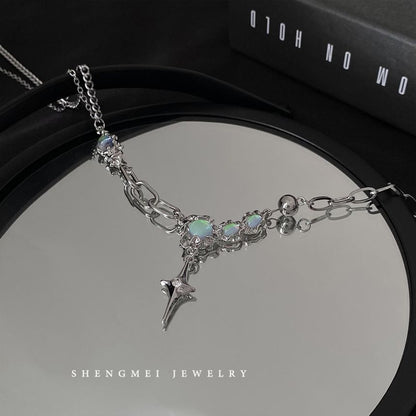 Steel Star Rhinestone Pendant Stainless Moonstone Necklace