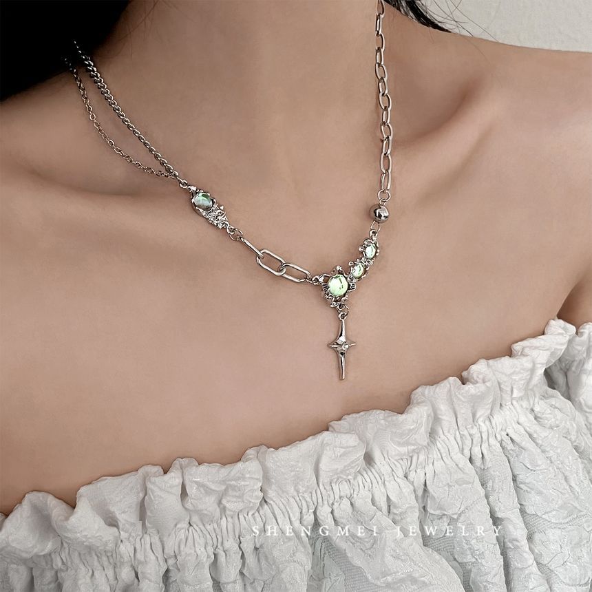 Steel Star Rhinestone Pendant Stainless Moonstone Necklace