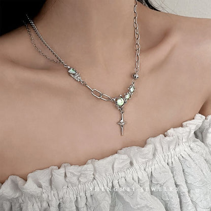 Steel Star Rhinestone Pendant Stainless Moonstone Necklace
