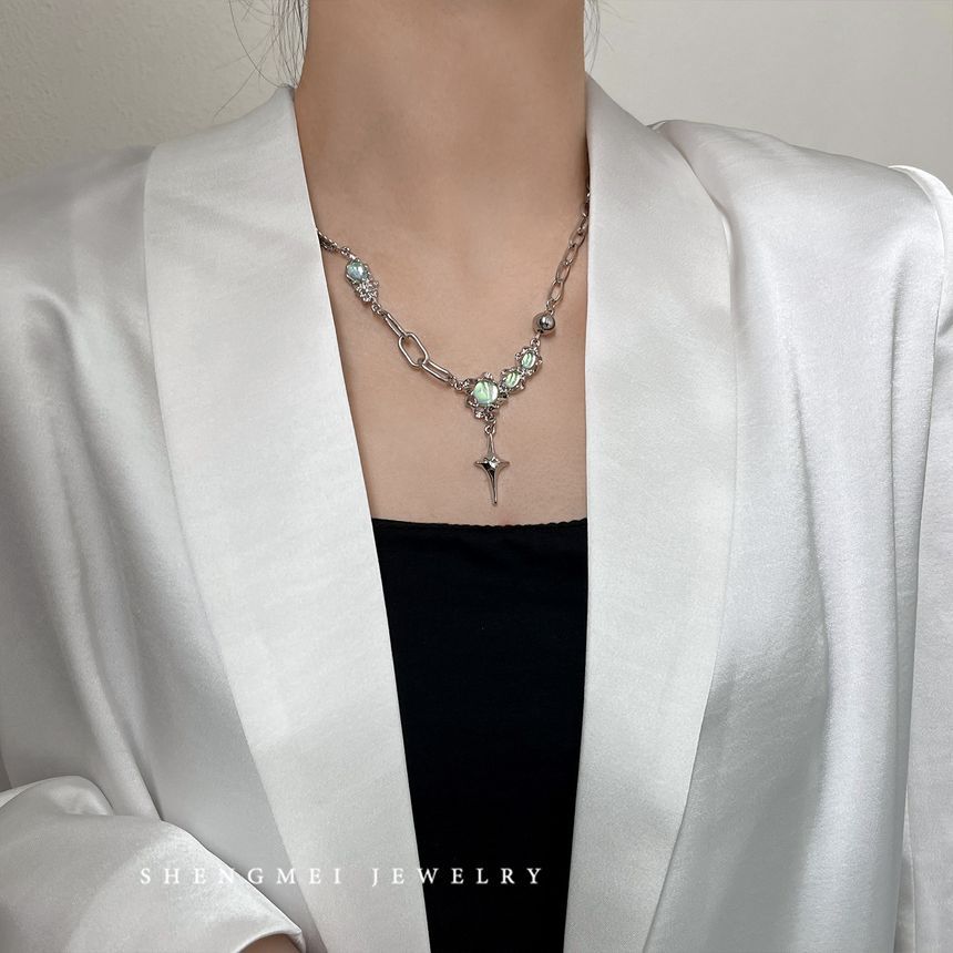 Steel Star Rhinestone Pendant Stainless Moonstone Necklace