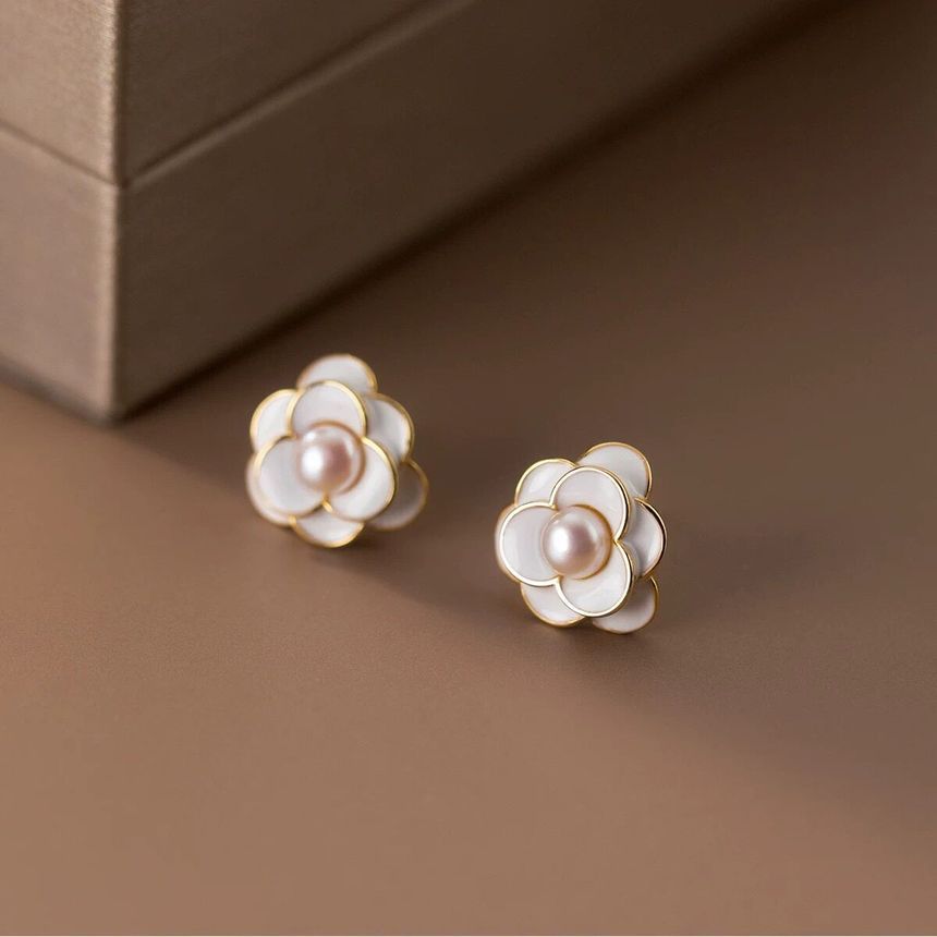 Pearl Earring Alloy Flower Faux