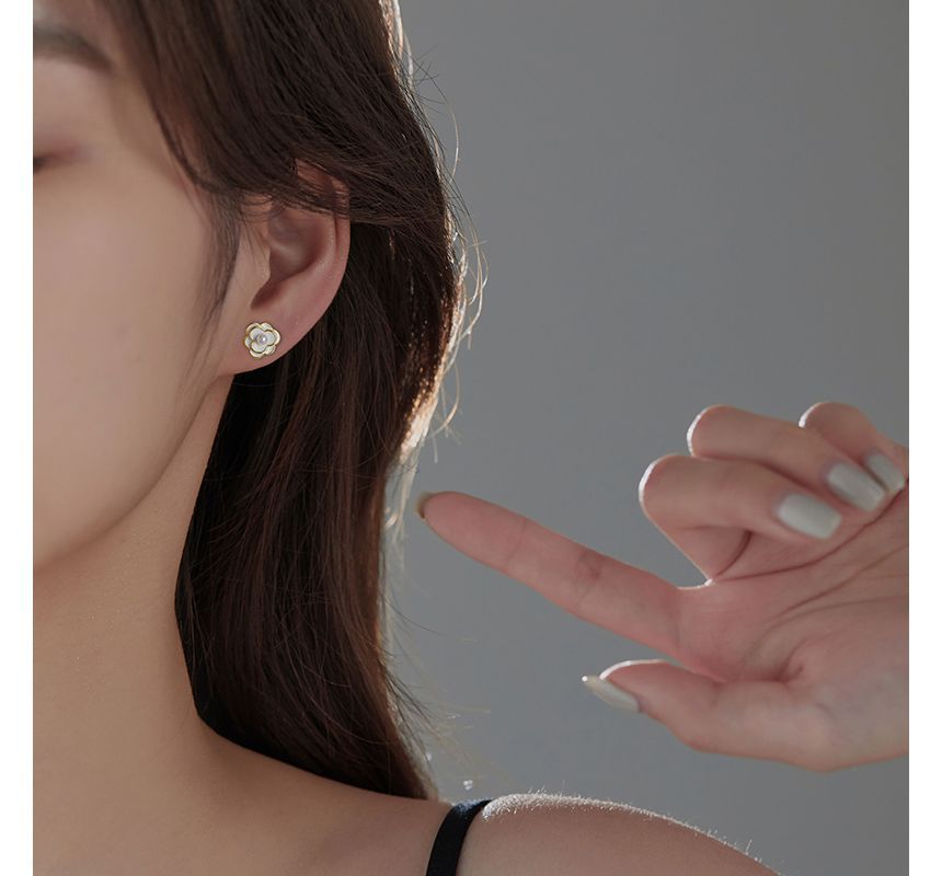Pearl Earring Alloy Flower Faux