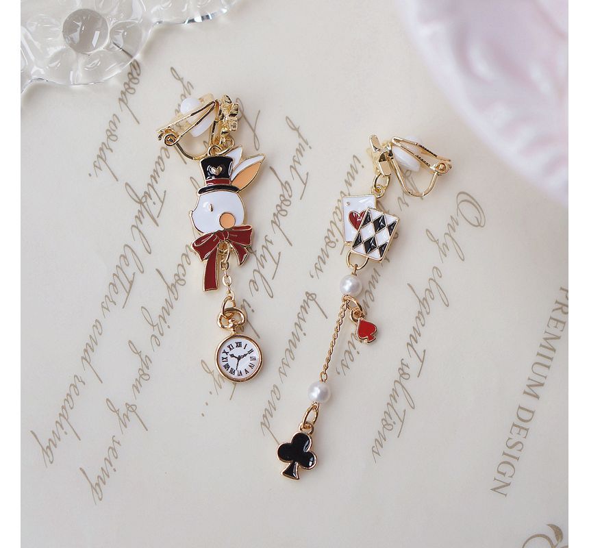 Enamel Poker On Drop Asymmetrical / Rabbit Clip Earring