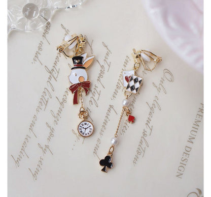 Enamel Poker On Drop Asymmetrical / Rabbit Clip Earring