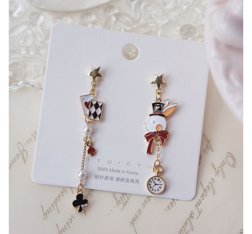 Enamel Poker On Drop Asymmetrical / Rabbit Clip Earring