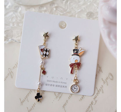 Enamel Poker On Drop Asymmetrical / Rabbit Clip Earring