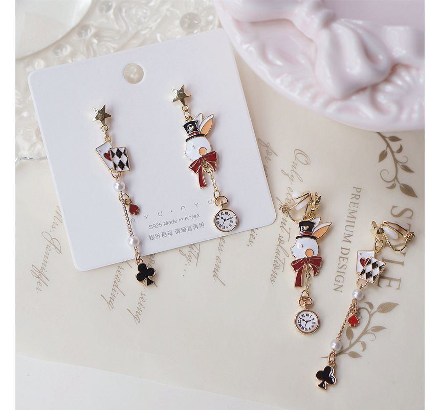 Enamel Poker On Drop Asymmetrical / Rabbit Clip Earring