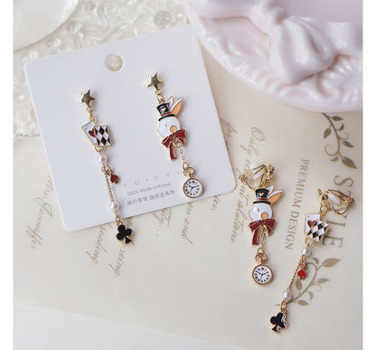 Enamel Poker On Drop Asymmetrical / Rabbit Clip Earring