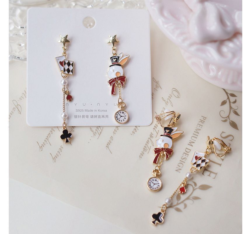 Enamel Poker On Drop Asymmetrical / Rabbit Clip Earring