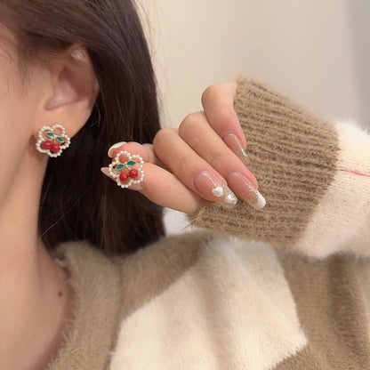 Earring Cherry / Clip Flower Faux Stud Pearl On