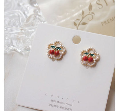 Earring Cherry / Clip Flower Faux Stud Pearl On