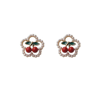 Earring Cherry / Clip Flower Faux Stud Pearl On