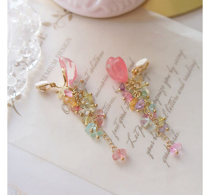 Dangle Earring Heart Acrylic Floral