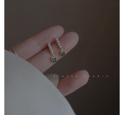 Rhinestone Pearl Alloy Square Drop Faux Earring