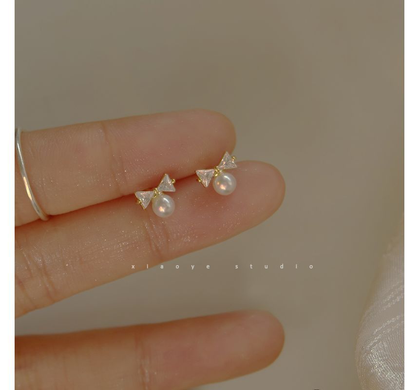Rhinestone Earring Pearl Stud Faux Sterling Silver Bow