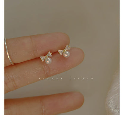 Rhinestone Earring Pearl Stud Faux Sterling Silver Bow