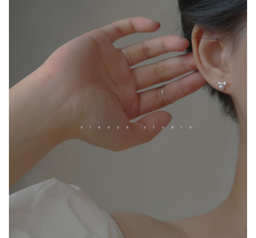 Rhinestone Earring Pearl Stud Faux Sterling Silver Bow