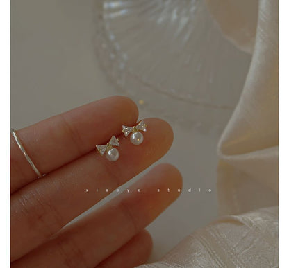 Rhinestone Earring Pearl Stud Faux Sterling Silver Bow