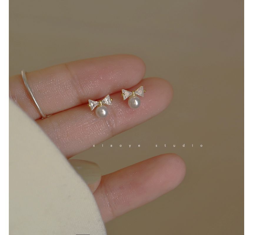 Rhinestone Earring Pearl Stud Faux Sterling Silver Bow
