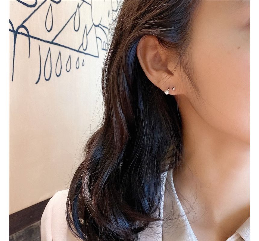 Silver Sterling Faux Huggie Pearl Earring