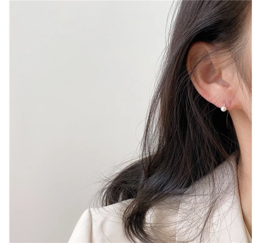 Silver Sterling Faux Huggie Pearl Earring