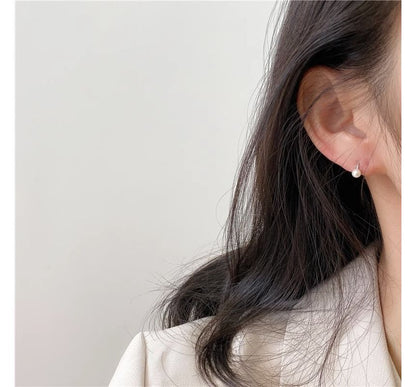 Silver Sterling Faux Huggie Pearl Earring