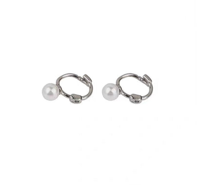 Silver Sterling Faux Huggie Pearl Earring