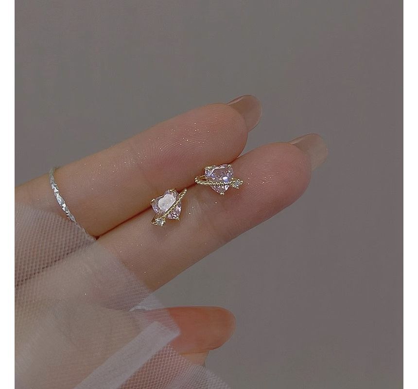 Sterling Silver Heart Earring Planet Stud Rhinestone