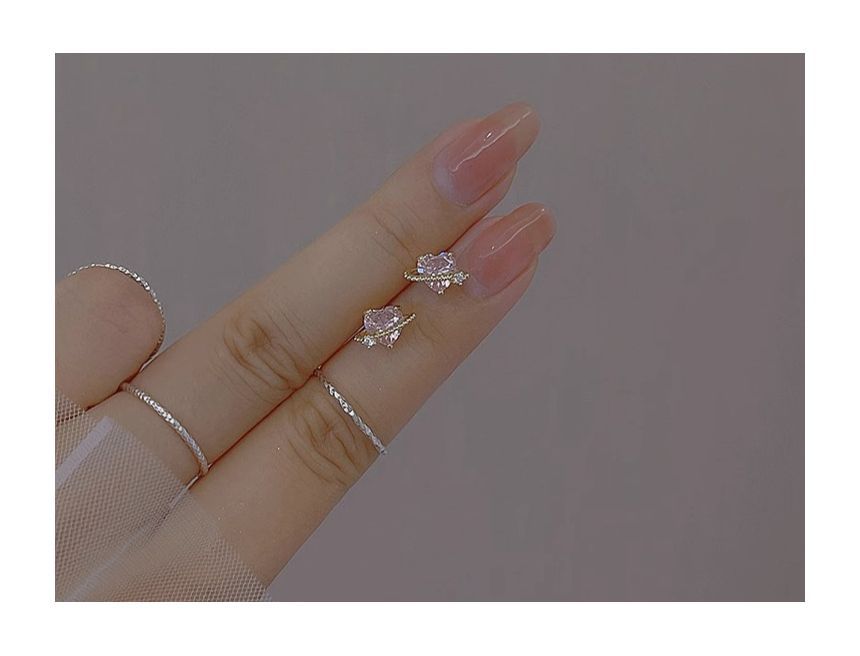 Sterling Silver Heart Earring Planet Stud Rhinestone