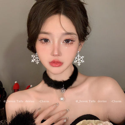 Tree / Snowflake Fluffy Drop Chandelier Set Christmas Choker Earring Bracelet