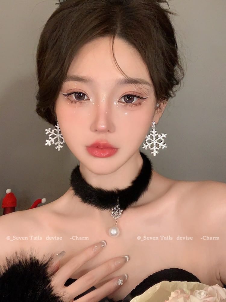 Tree / Snowflake Fluffy Drop Chandelier Set Christmas Choker Earring Bracelet