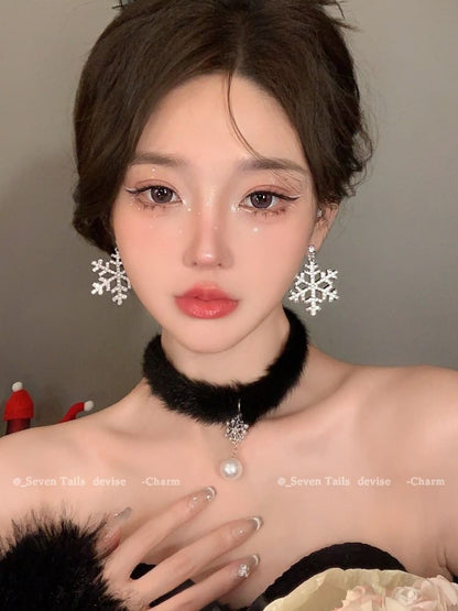Tree / Snowflake Fluffy Drop Chandelier Set Christmas Choker Earring Bracelet
