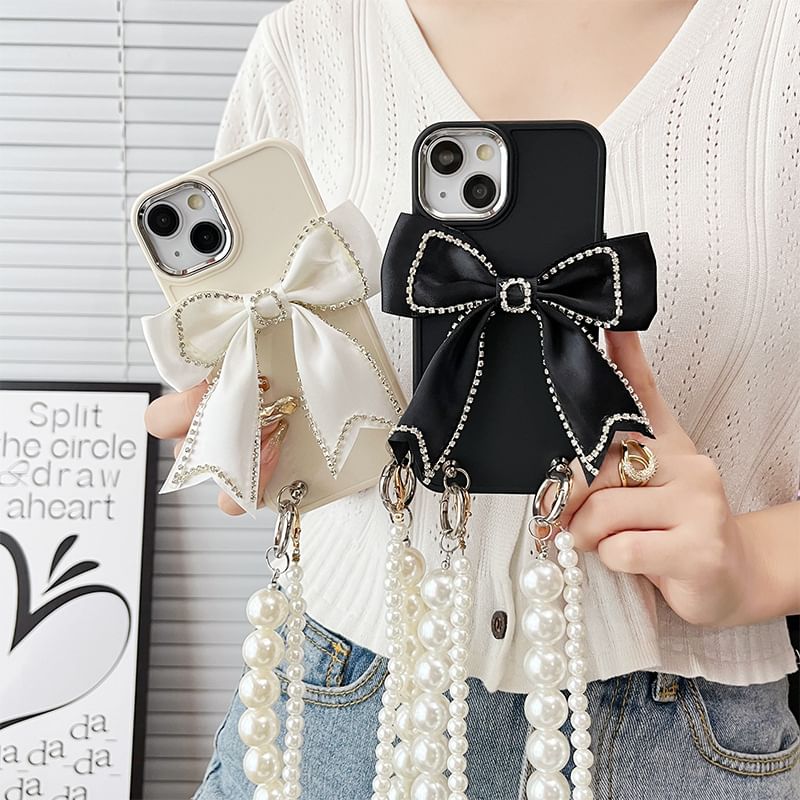 Bow Lanyard Pearl Faux Phone Case