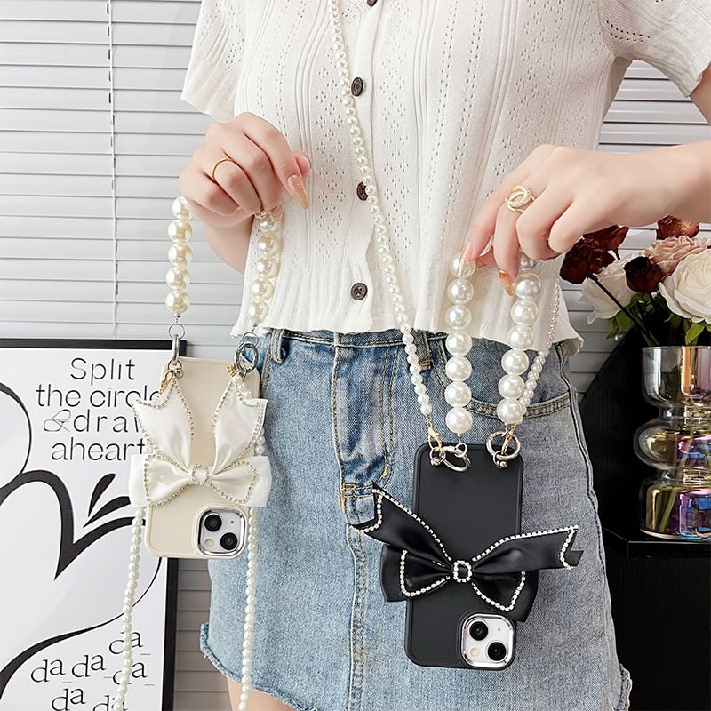 Bow Lanyard Pearl Faux Phone Case