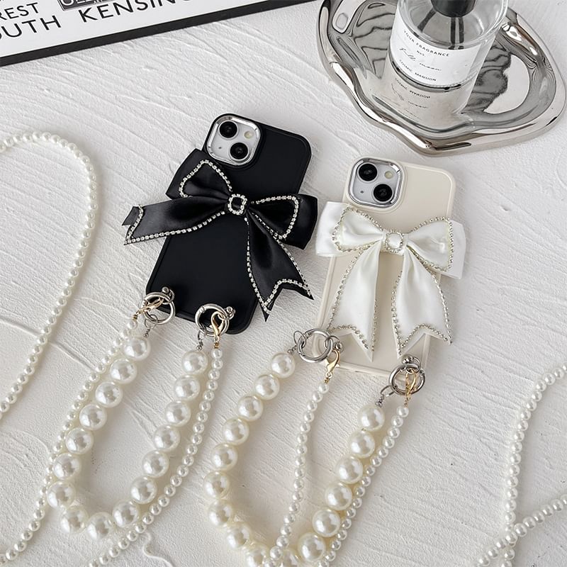 Bow Lanyard Pearl Faux Phone Case
