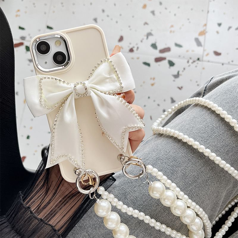 Bow Lanyard Pearl Faux Phone Case