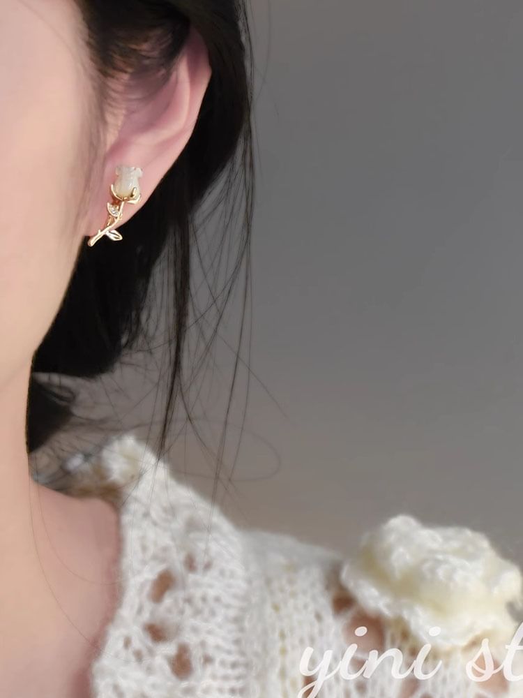 Stud Rhinestone Rose Asymmetrical Earring Heart Alloy